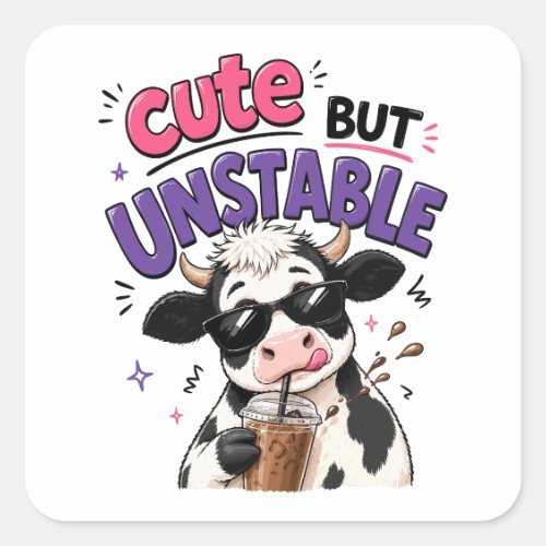 Cute but unstable cow with iced coffee square sticker
