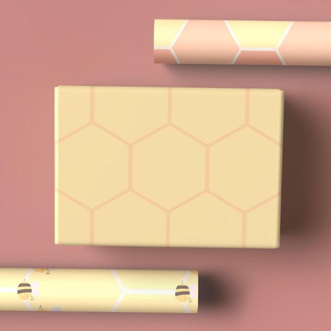 Cute Butter Yellow & Peach Honeycomb & Bees Wrapping Paper Sheets (Creator Uploaded)