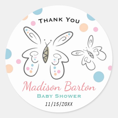 Cute Butterflies and Dots Girl Baby Shower Classic Round Sticker