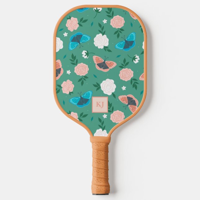 Cute Butterflies and Roses Monogrammed  Pickleball Paddle (Front)
