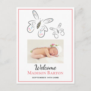 Cute Butterflies Baby Girl Photo Announcement Postcard
