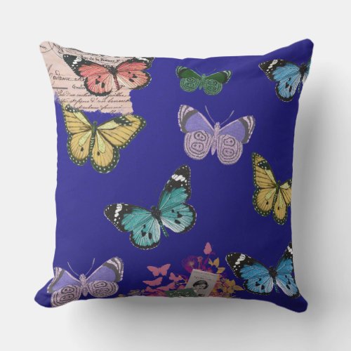 Cute butterfliesblue metallic backgroundvintage outdoor pillow