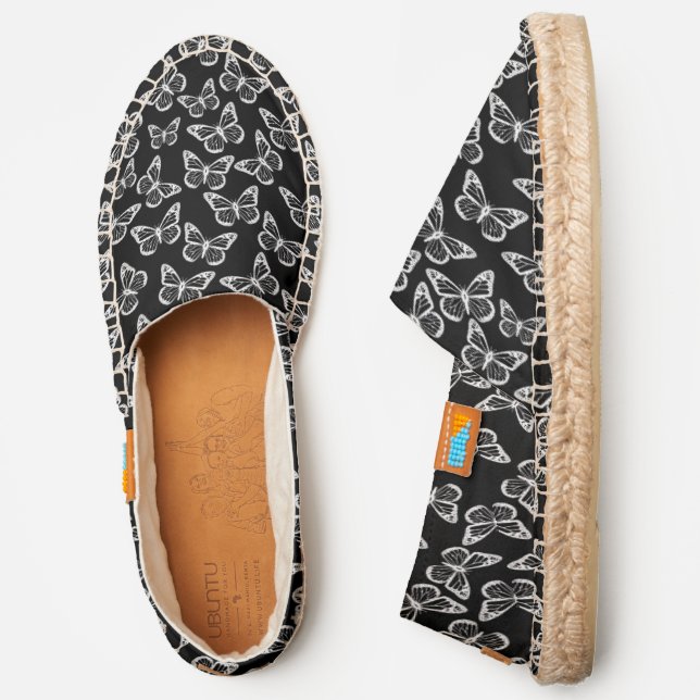 Cute Butterflies Elegant Chic Pattern Black White Espadrilles (Side)