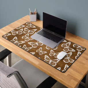 Cute Butterflies Elegant Chic Pattern Brown White Desk Mat