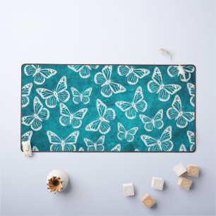 Cute Butterflies Elegant Pattern Pretty White Teal Desk Mat