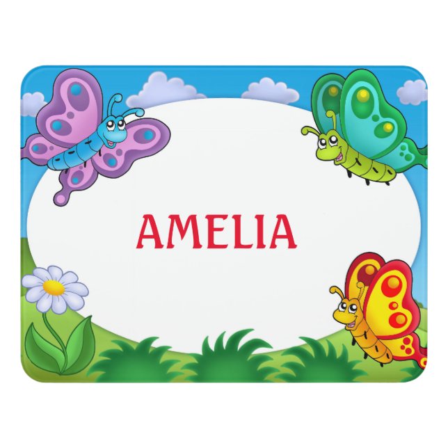 Cute butterflies, flower and Name Kids Door Sign  (Contemporary Front)
