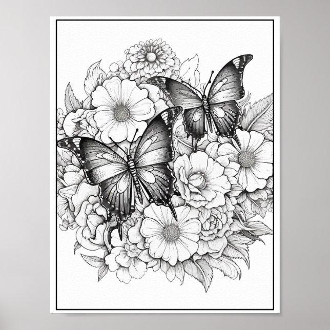 Cute Butterflies/Flowers Coloring Poster (Front)