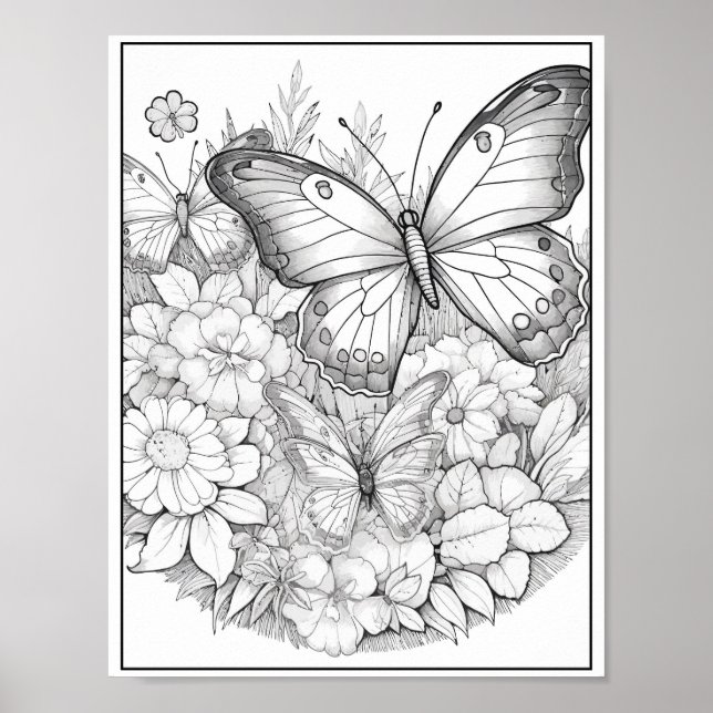 Cute Butterflies/Flowers Coloring Poster (Front)