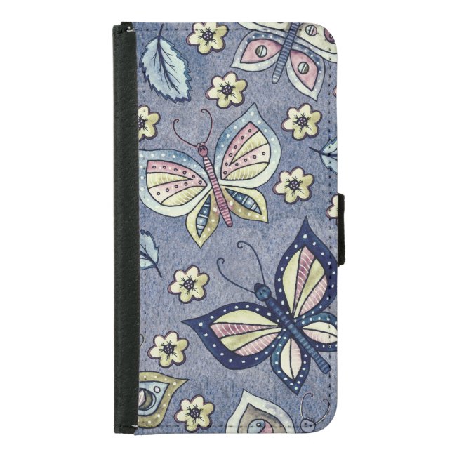 Cute Butterflies &  Flowers on Blue Background Samsung Galaxy Wallet Case (Front)