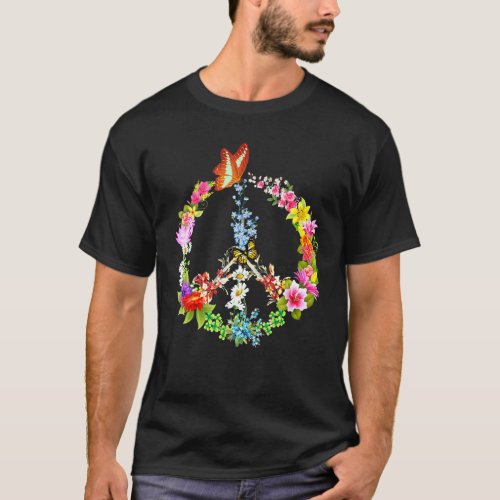 Cute Butterflies Flowers Spring Bloom Peace Sign T-Shirt
