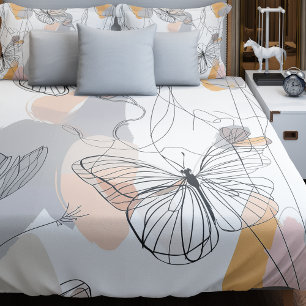 Cute Butterflies Line Art Pattern Duvet Cover