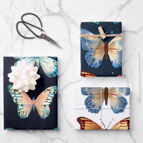 Cute Butterflies on blue and white backgrounds Wrapping Paper Sheets