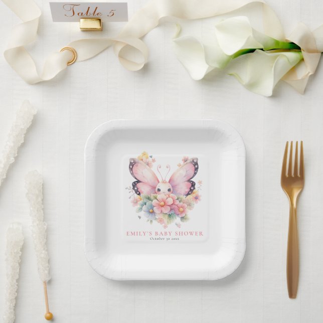 Cute Butterfly and Florals Pink Baby Shower Paper Plates (Wedding)