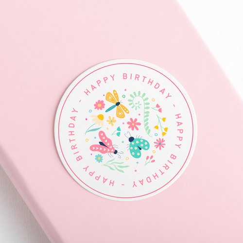 Cute Butterfly and Flowers Happy Birthday Classic Round Sticker