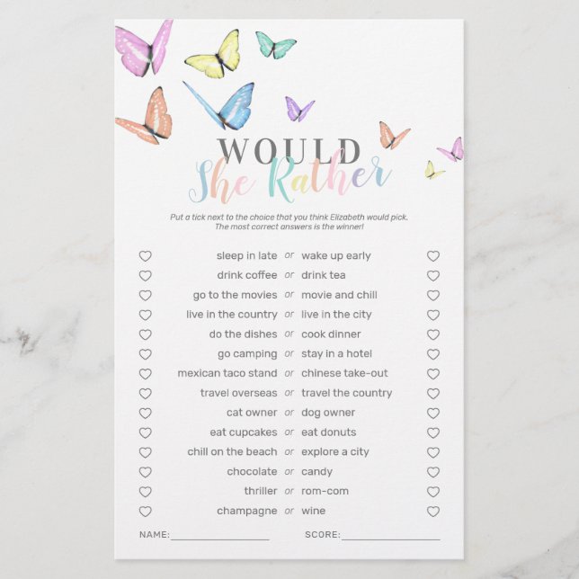 Cute Butterfly Baby Shower Game (Front)