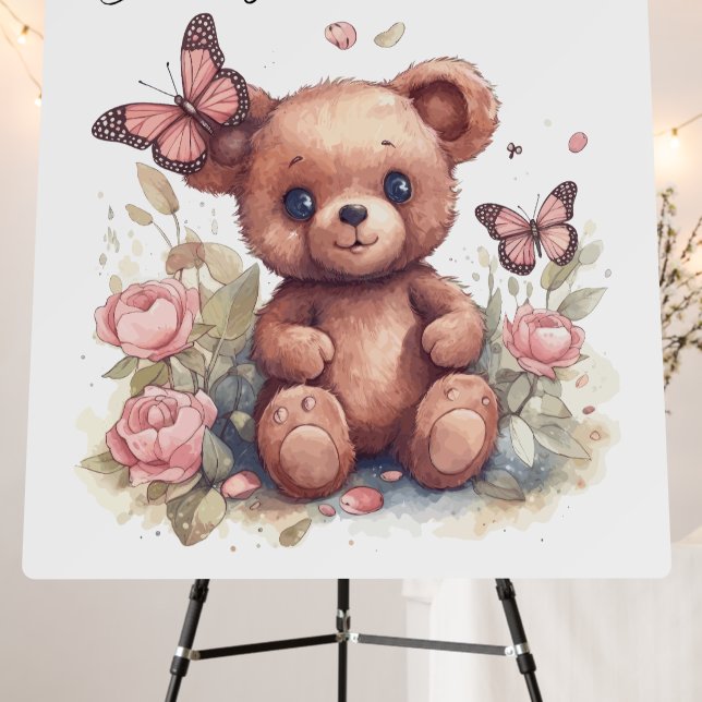 Cute Butterfly Bear Baby Shower Sign (In Situ (Stand))