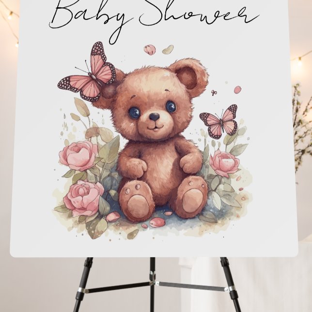 Cute Butterfly Bear Baby Shower Welcome Sign (In Situ (Stand))