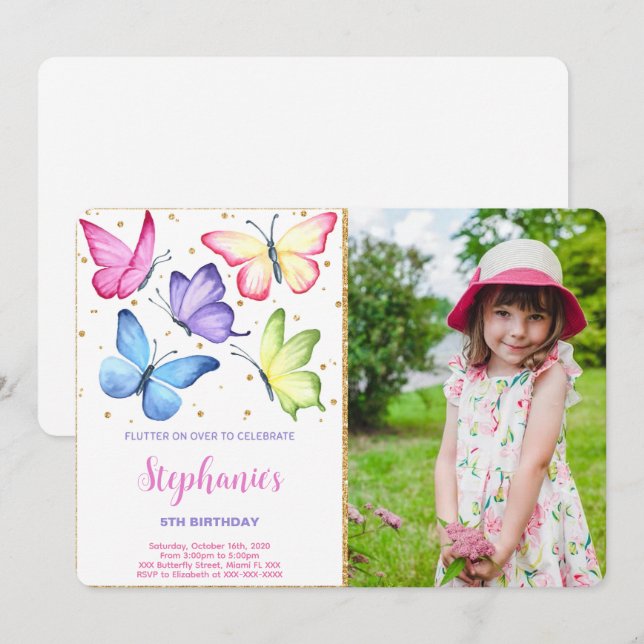 Cute Butterfly Birthday Photo Invitation (Front/Back)