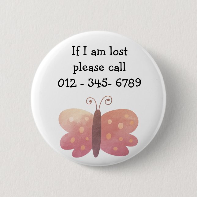 Cute Butterfly  Child Emergency Contact Button (Front)