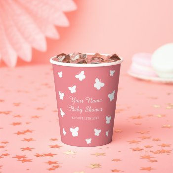 Cute Butterfly Coral Pink Spring Baby Shower Party Paper Cups by logotees at Zazzle