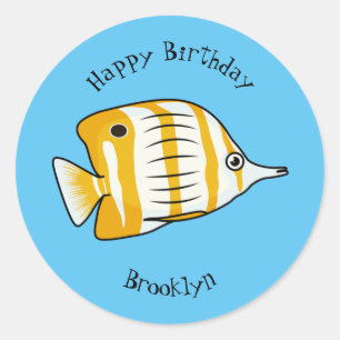 Cute butterfly fish cartoon illustration classic round sticker