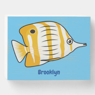 Cute butterfly fish cartoon illustration  wooden box sign