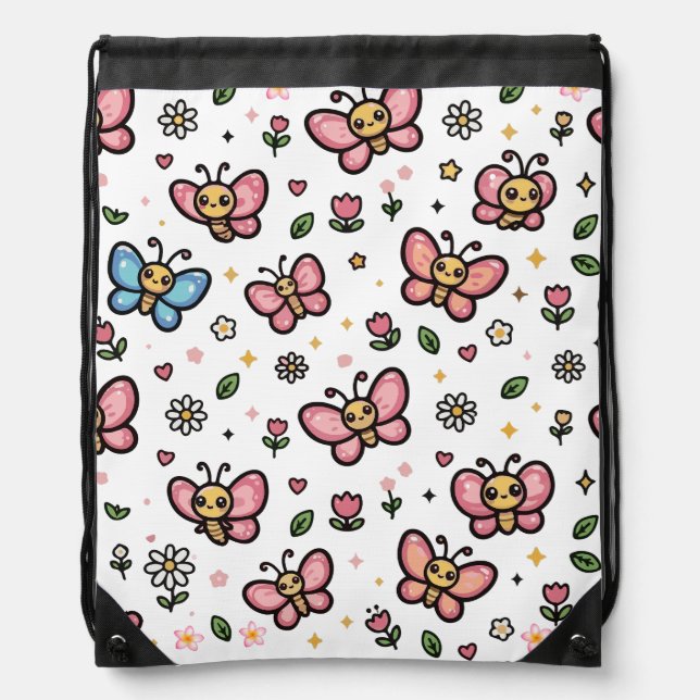 Cute Butterfly Floral Seamless Kawaii Pattern Drawstring Bag (Front)