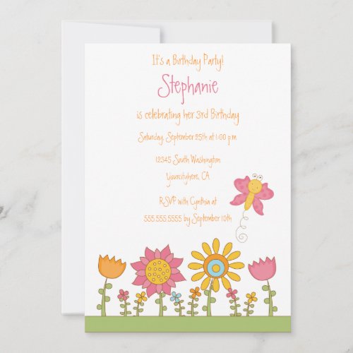 Cute butterfly flowers birthday party invitation