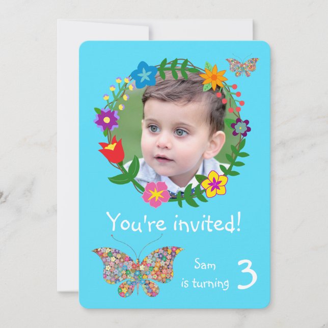 Cute Butterfly Flowers Boys Birthday Party Invitation (Front)