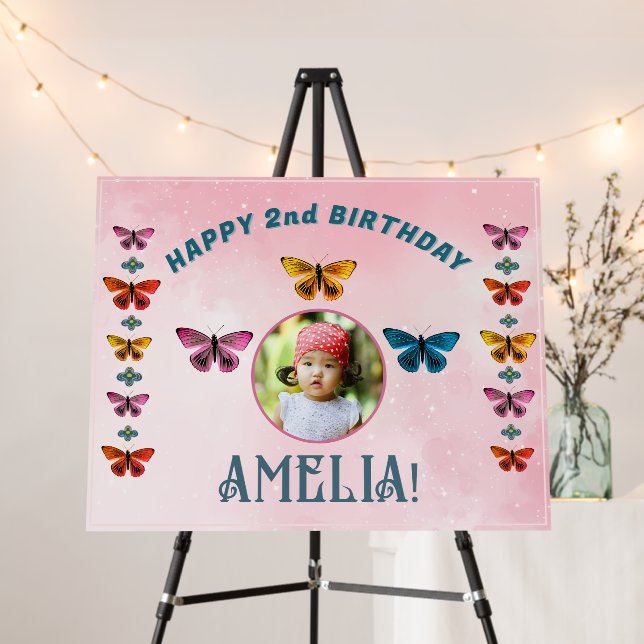 Cute Butterfly Flowers Girl Birthday Party Photo Foam Board (In Situ (Stand))