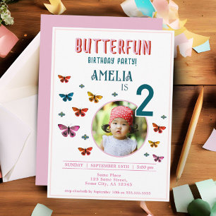 Cute Butterfly Flowers Girl Birthday Party Photo Invitation