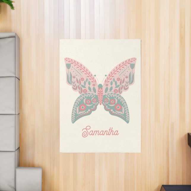 Cute Butterfly Folk Art Pastel Pink Green Nursery Rug (Insitu (Indoor 2))