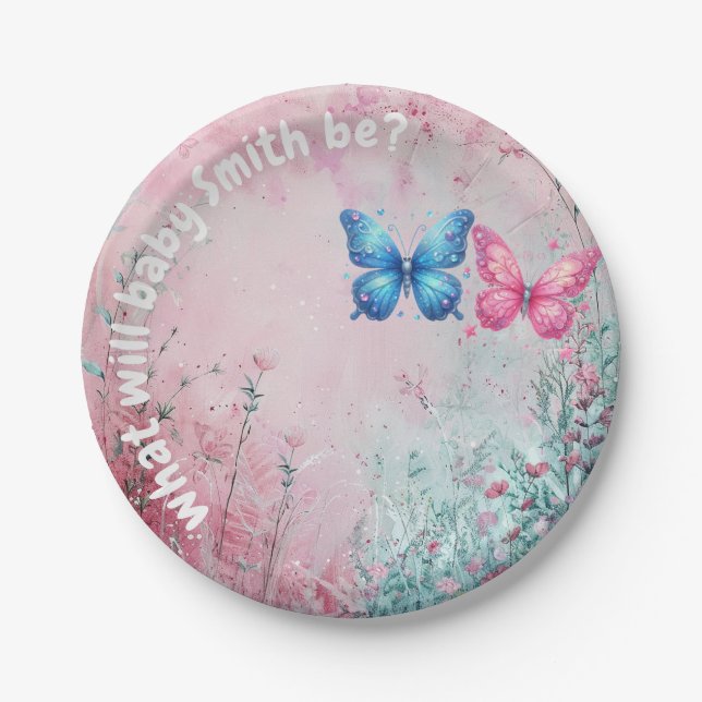 cute butterfly Gender Reveal Party garden Paper Plates (Front)