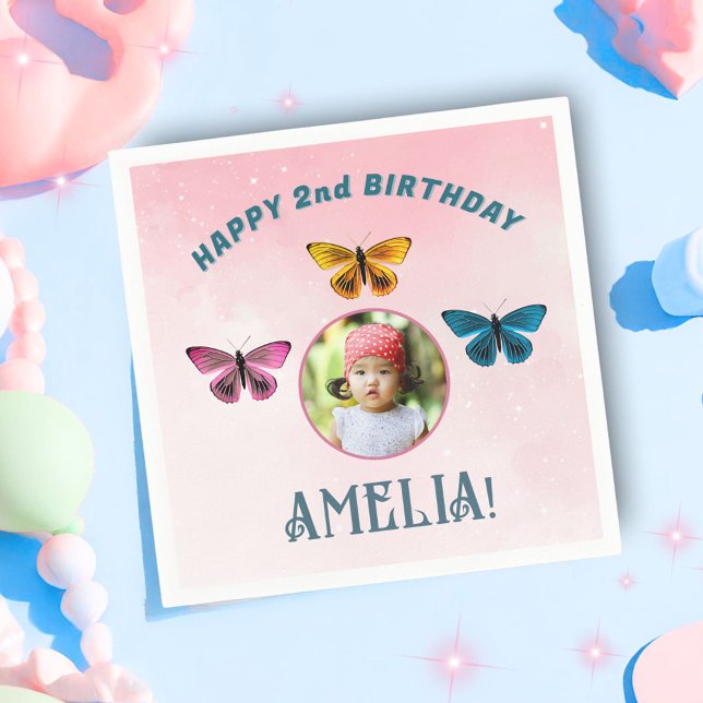 Cute Butterfly Girl Birthday Party Photo Napkins (Creator Uploaded)