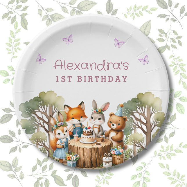 Cute Butterfly Girl Woodland Animals 1st Birthday Paper Plates (Creator Uploaded)