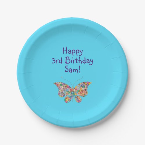 Cute Butterfly Happy 3rd Birthday Personalize Paper Plates