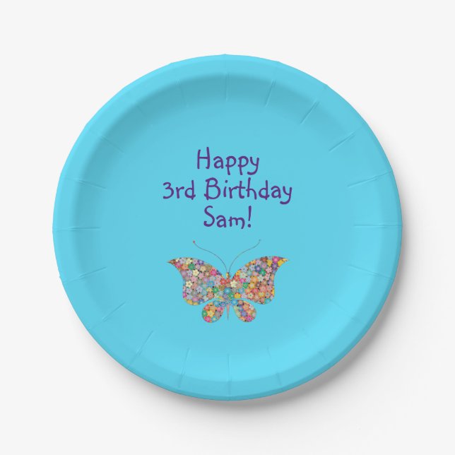 Cute Butterfly Happy 3rd Birthday Personalize Paper Plates (Front)