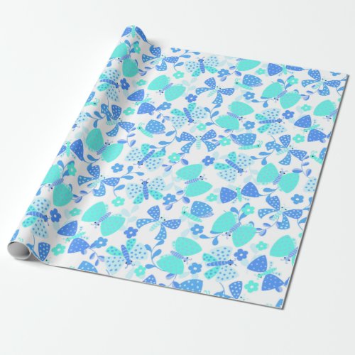 Cute butterfly in a flower garden blue and minty wrapping paper