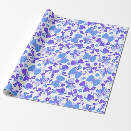 Cute butterfly in a flower garden blue and purple wrapping paper
