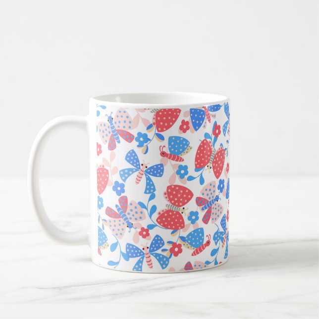Cute butterfly in a flower garden in red and blue  coffee mug (Left)