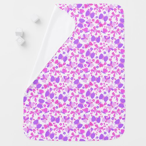 Cute butterfly in a flower garden pink purple baby blanket