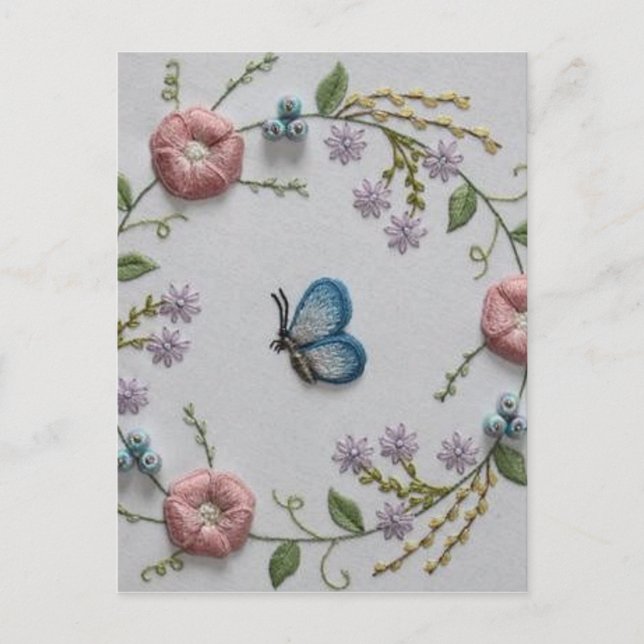 cute butterfly mint green pink Embroidery Floral Postcard (Front)