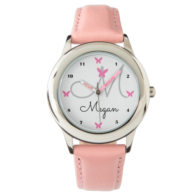 Cute Butterfly Monogram Personalized Custom Name Watch (Front)