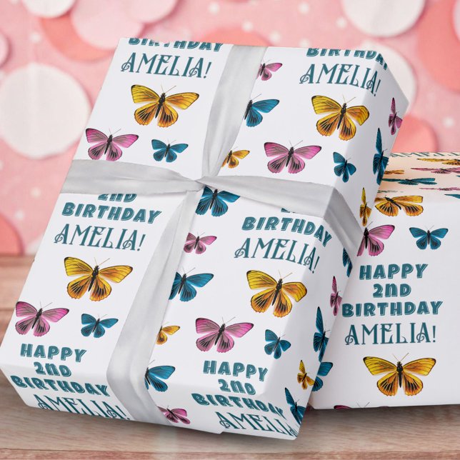 Cute Butterfly Pattern Girl Happy Birthday Wrapping Paper (Creator Uploaded)