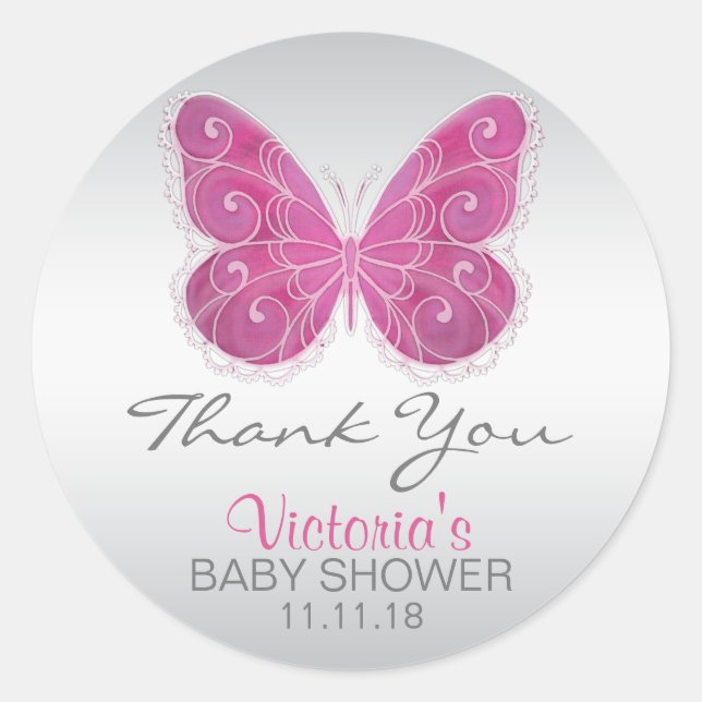 Cute Butterfly Pink Baby Shower Labels Stickers (Front)