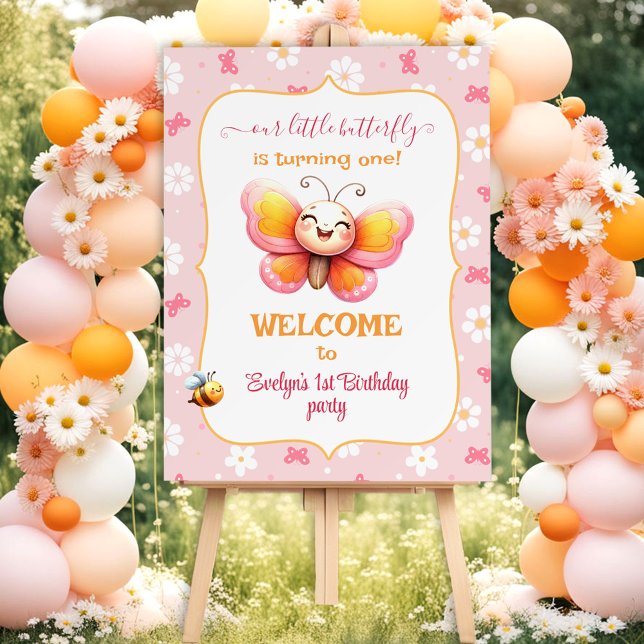 Cute Butterfly Pink Floral Girl 1st Birthday Foam Board (Cute Butterfly Pink Floral Girl 1st Birthday Foam Board Welcome Sign)