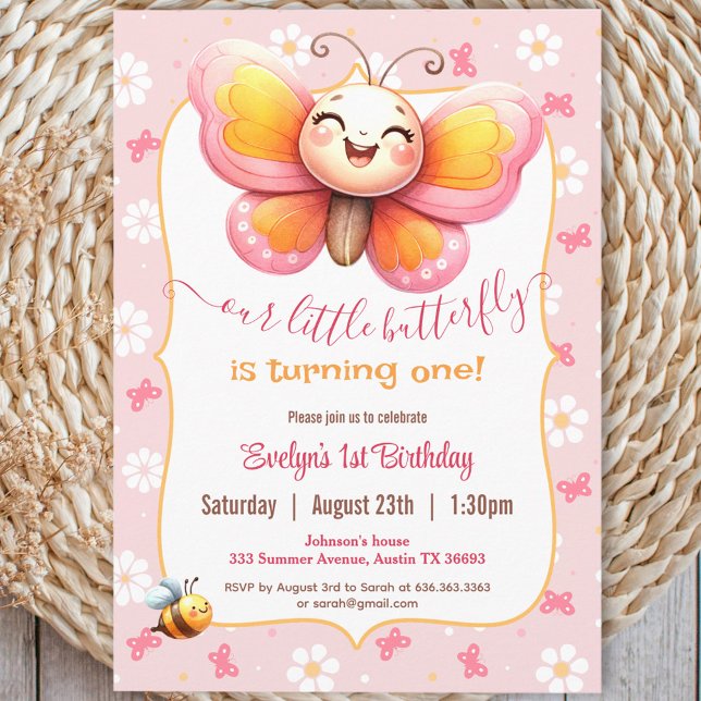 Cute Butterfly Pink Floral Girl 1st Birthday Invitation (Cute Butterfly Pink Floral Girl 1st Birthday Invitation)