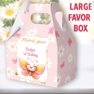 Cute Butterfly Pink Floral Girl 1st Birthday Large Favor Boxes