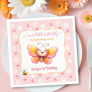 Cute Butterfly Pink Floral Girl 1st Birthday Napkins