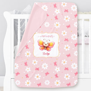 Cute Butterfly Pink Floral Girl Custom Name Baby Blanket